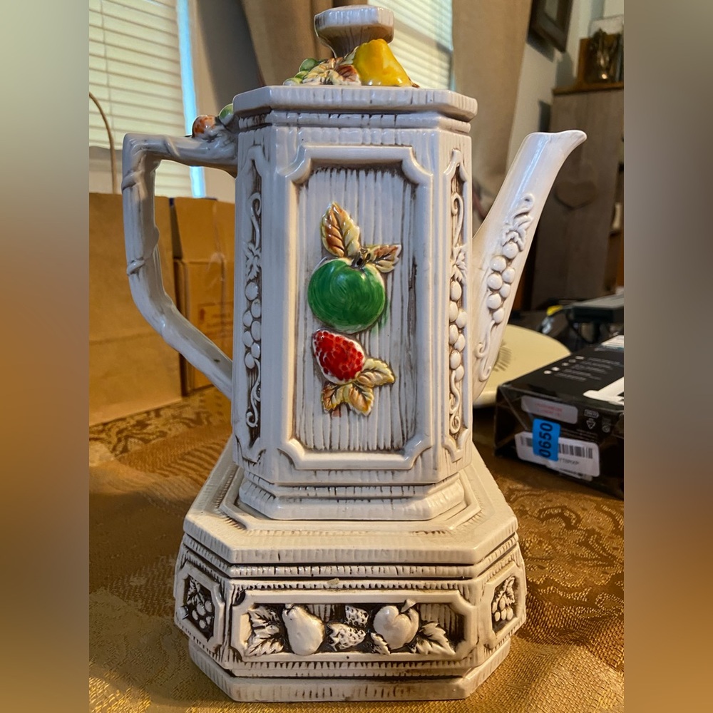 Vintage Trends Ceramic Teapot with Fruit Design with candle warmer bottom